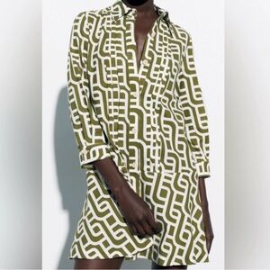 Zara Olive Geometric Long Sleeve Dress NWT